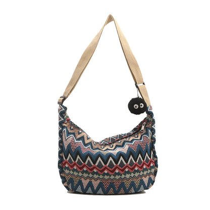 Wave Pattern Canvas Crossbody Bag – Large Shoulder Bag for Women