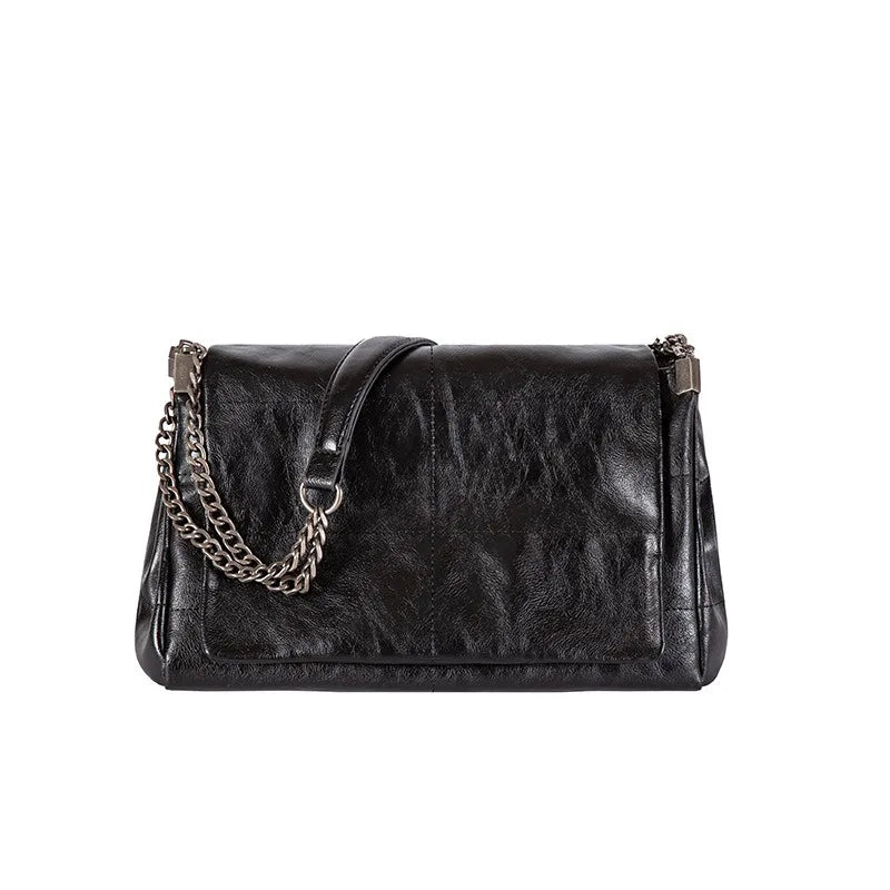 Classic Black Leather Chain Shoulder Bag Soft Flap Handbag Crossbody Bags Large Capacity Casual