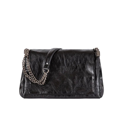 Classic Black Leather Chain Shoulder Bag Soft Flap Handbag Crossbody Bags Large Capacity Casual