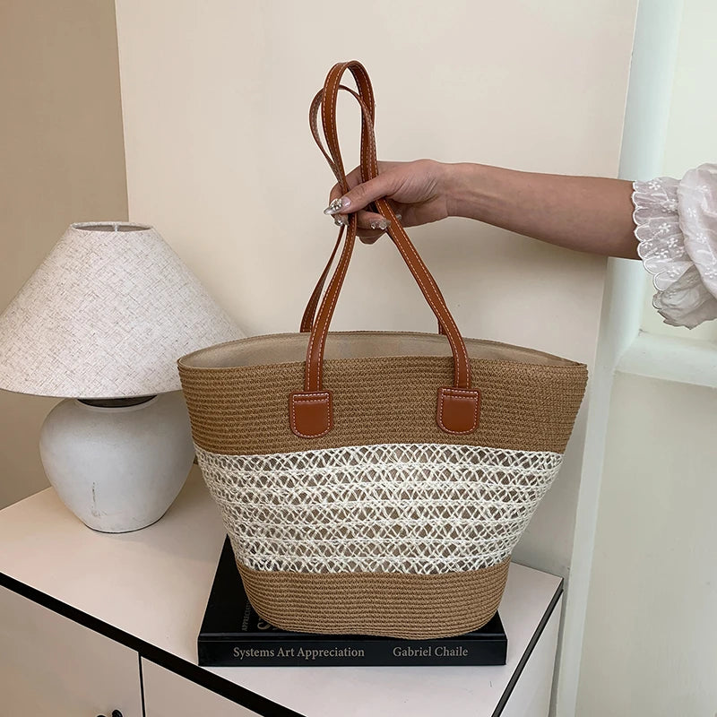 Vacation Beach Handbag Woven Stripe Pattern Women Tote Bag Large Capacity Versatile Shoulder Summer