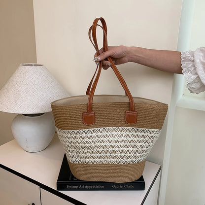 Vacation Beach Handbag Woven Stripe Pattern Women Tote Bag Large Capacity Versatile Shoulder Summer