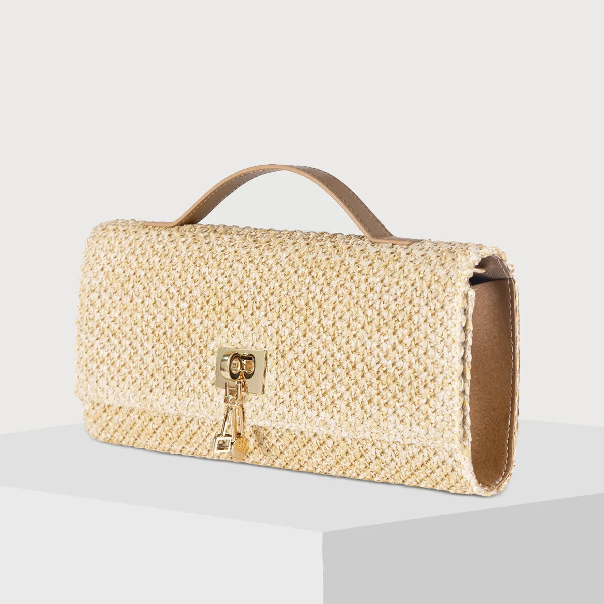 Straw Woven Clutch Bag – Gold Chain Crossbody Purse with Lock Closure