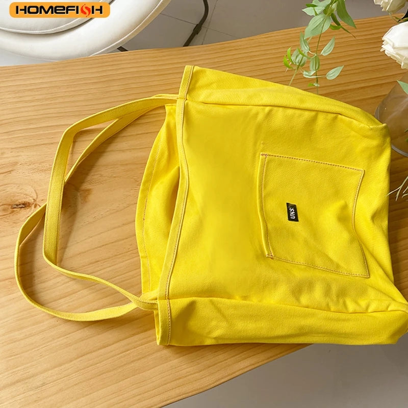 Homefish Canvas Tote Bag Women Simple Reusable Shopping Shoulder Handbag Daily Casual Use
