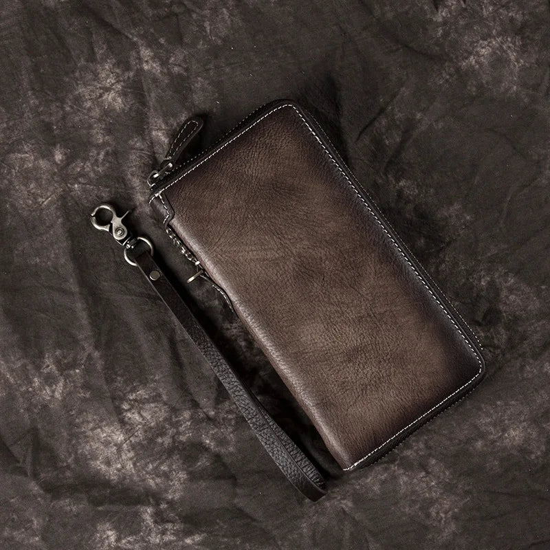Vintage Men S Wallet Long Zipper Genuine Leather Hand-Held Multi-Functional Cowhide
