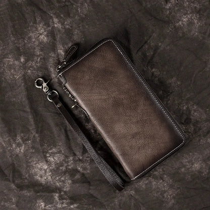 Vintage Men S Wallet Long Zipper Genuine Leather Hand-Held Multi-Functional Cowhide