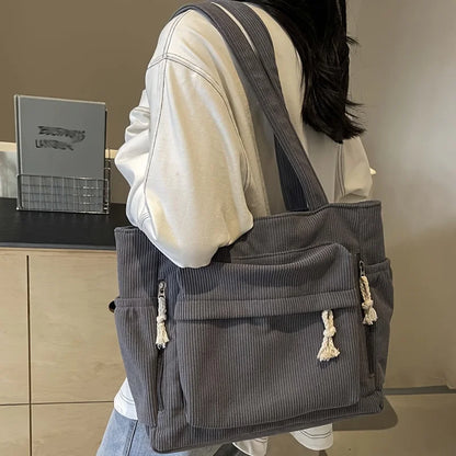 Corduroy Tote Bag Multiple Pockets Casual Chic Handbag Women Shoulder Bags Woman Perfect Shopping