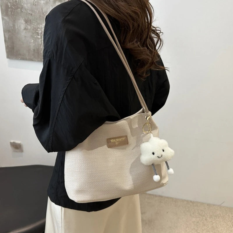 Textured Tote Bag with Plush Cloud Charm – Large Shoulder Bag