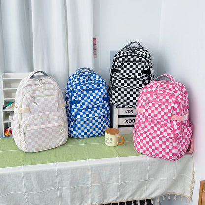 Retro Trendy Checkerboard Patterned Large Capacity Student Backpack Nylon Lightweight Casual Campus