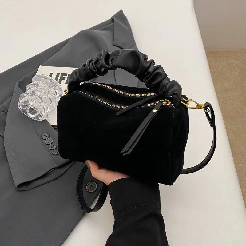 Suede Mini Crossbody Bag – Ruched Handle Shoulder Bag for Women