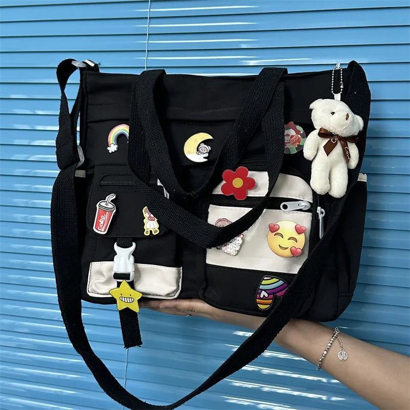 Cute Campus Tote Bag for Teen Girls – Crossbody Shoulder Bag with Badge Pendants