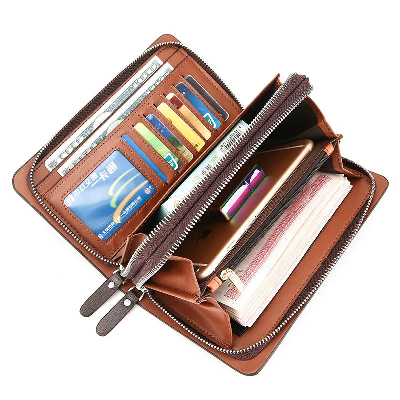 Male Handbag Business Wallet Double Zipper Large Capacity Mobile Phone Multi-Card Multi-Function