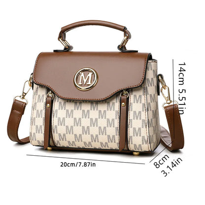 PU Leather Handbag – Vintage Monogram Shoulder Bag with Gold M Logo
