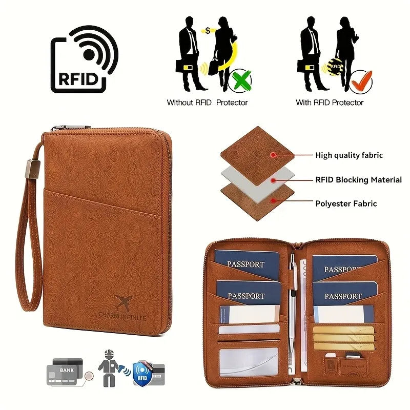 RFID Blocking Passport Holder Wallet with Wrist Strap