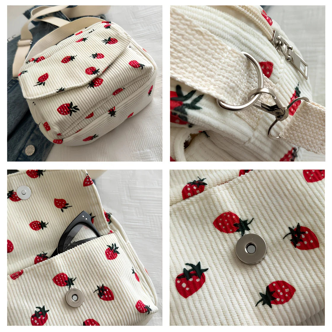 Strawberry Print Corduroy Crossbody Bag – Small Shoulder Purse