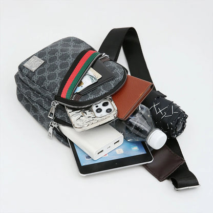 Sporty Functional Chest Bag Men Women Geometric Print Multi-Pocket Pu Headphone Port Shoulder