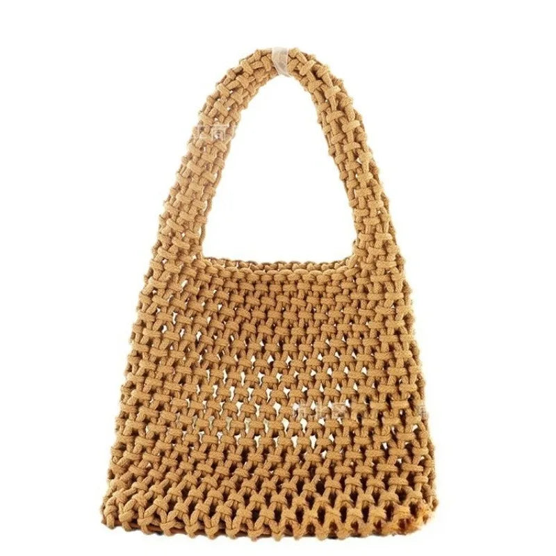 Summer Hollow Woven Cotton Rope Tote Bag Women Handmade Mesh Beach Casual Handbag Shoulder Vacation
