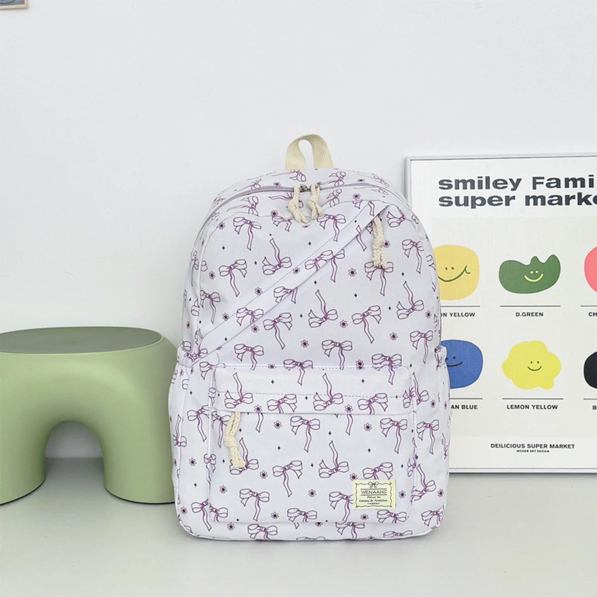 Gentle Romantic Bow Polka Dot Printed Backpack Nylon Lightweight Large Capacity Girls Campus Student