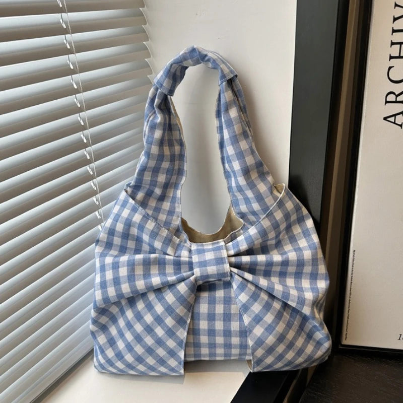 Checkered Canvas Tote Bag with Oversized Bow - Underarm Shoulder Handbag