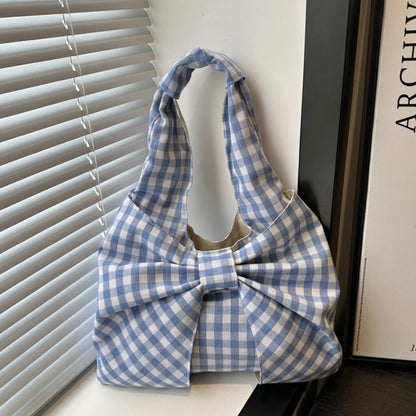 Checkered Canvas Tote Bag with Oversized Bow - Underarm Shoulder Handbag