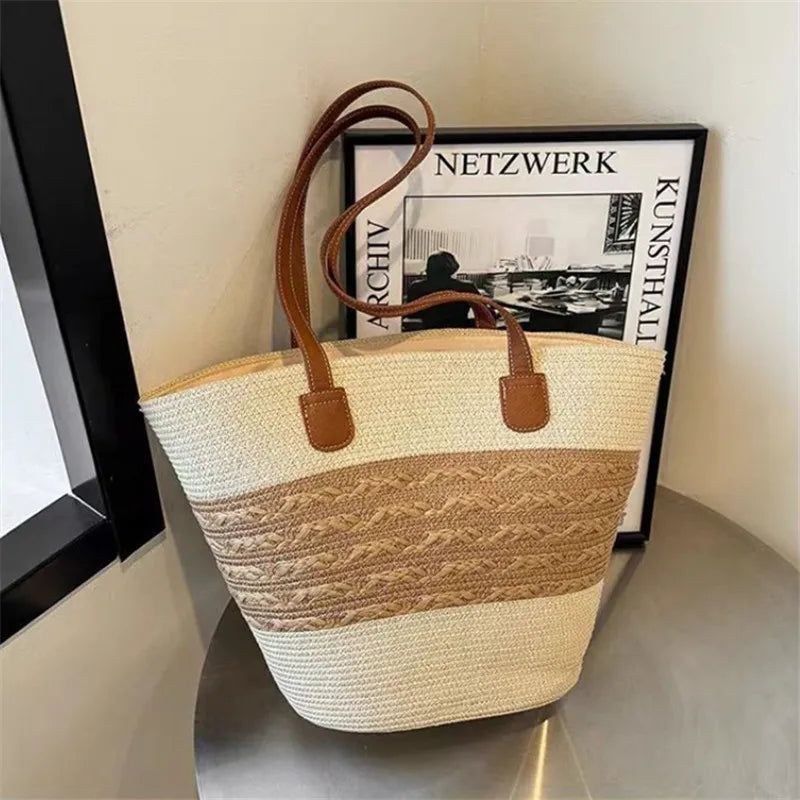 Summer Beach Casual Handbag Shoulder Bag Women Striped Straw Tote Bags Leather Handles