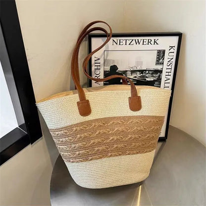 Striped Straw Tote Bag Leather Handles Large Capacity Summer Beach Casual Daily Shoulder Bag Women