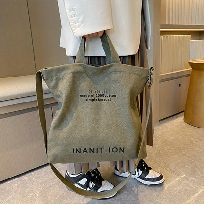 Retro Letter Print Tote Bag Trendy Canvas Crossbody Bag Literary Shoulder Bag School Work Travel