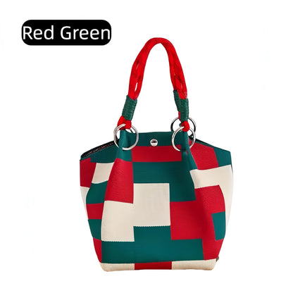 Color Block Tote Bag for Women – Lightweight Woven Handbag with Top Handle