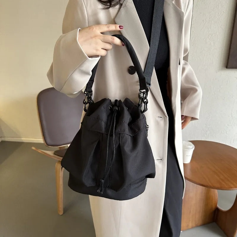 Nylon Drawstring Bucket Bag – Casual Crossbody Shoulder Bag for Women