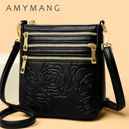 Triple Zipper Crossbody Bag – Floral Embossed Leather Shoulder Bag