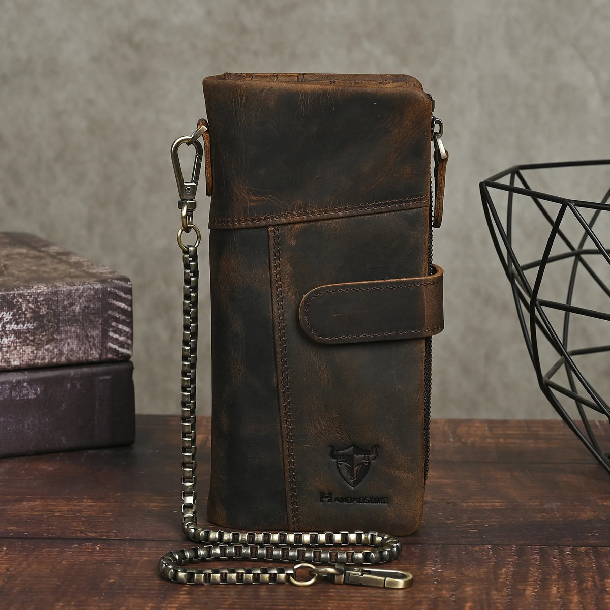 Crazy Horse Leather Men S Multi-Card Long Chain Prevent Loss Large Capacity Clap Mobile Phone