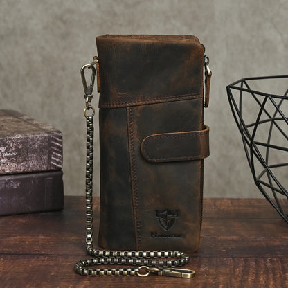 Crazy Horse Leather Men S Multi-Card Long Chain Prevent Loss Large Capacity Clap Mobile Phone