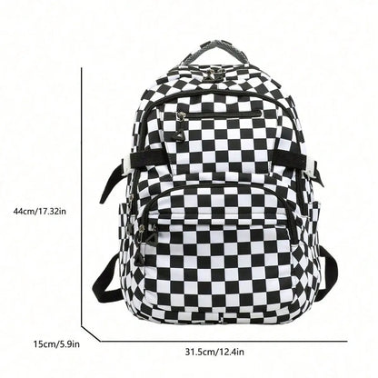 Retro Trendy Checkerboard Patterned Large Capacity Student Backpack Nylon Lightweight Casual Campus