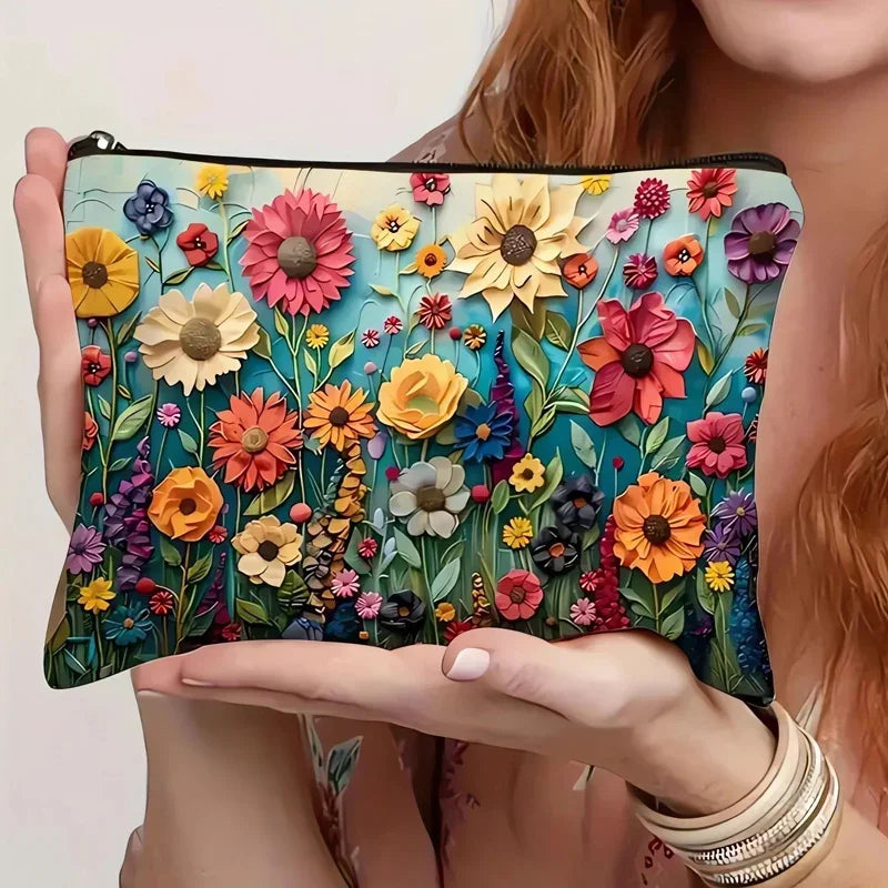 Floral Canvas Makeup Bag – Large Capacity Travel Cosmetic Pouch