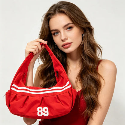Sporty Nylon Shoulder Bag – Retro Stripe Number 89 Hobo Tote for Women