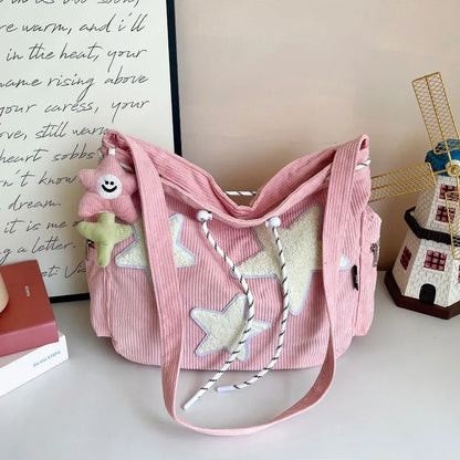 Y2K Corduroy Star Tote Bag with Plush Star Decor