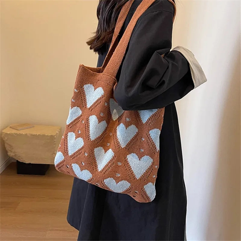 Love Pattern Handbag Knitted Women S Bag Large Capacity Weaving Tote Street Trend Shopping Shoulder