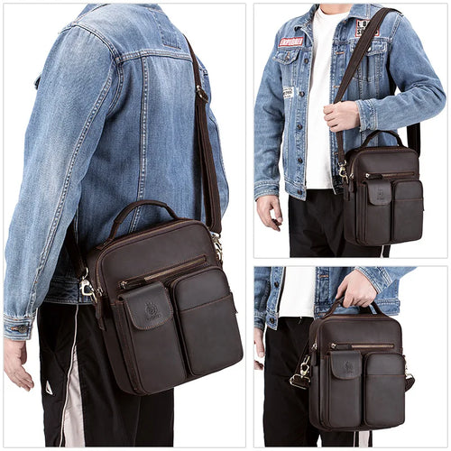Crazy Horse Leather Men S Single-Shoulder Bag Genuine Leather Multi-Pocket Crossbody Top Layer