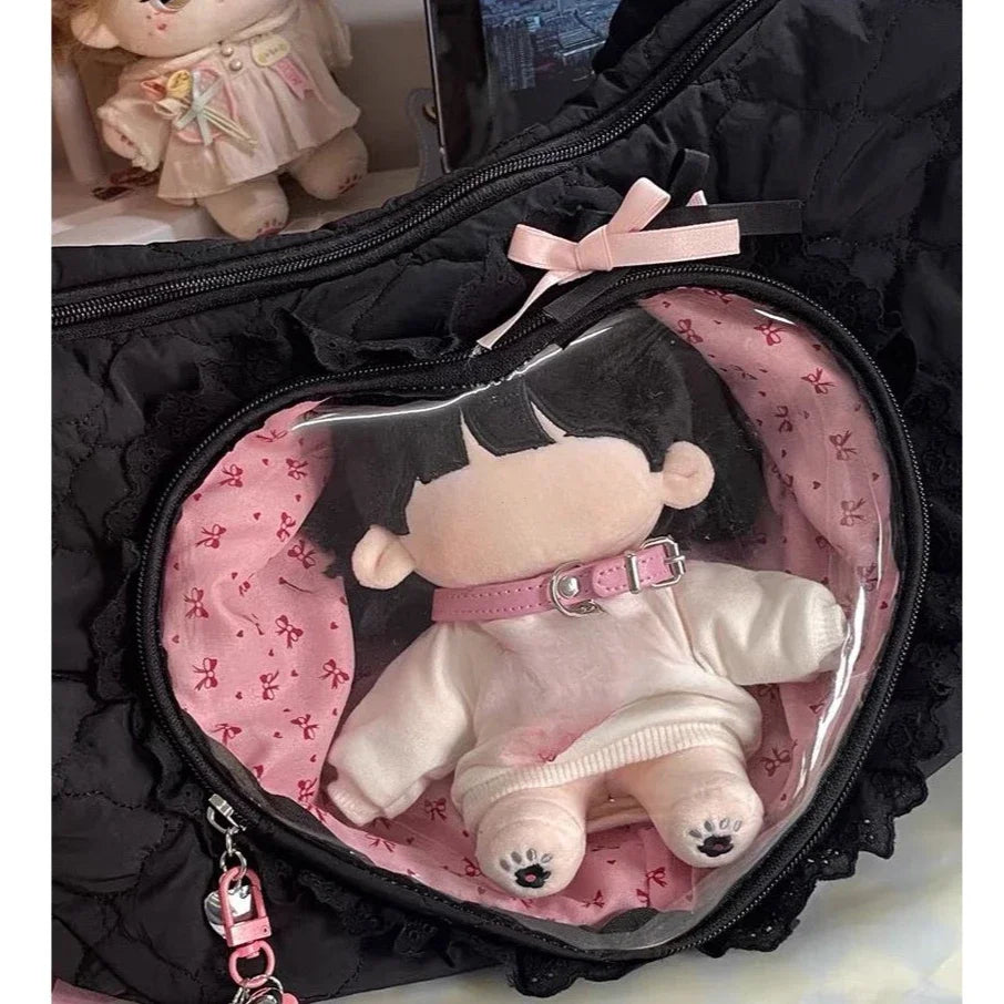 Pink Cute Womens Shoulder Bag Pleated Love Heart Lolita Jk Ita Drawstring Ballet Style Sweet Female