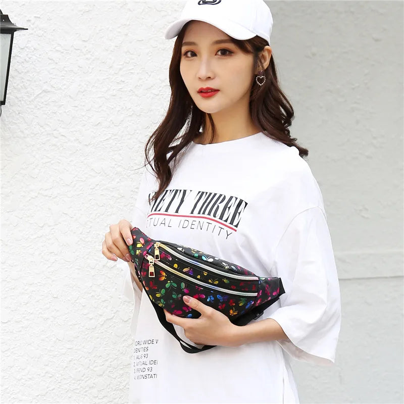 Fashionable Waist Bag Double Zipper Butterfly Multifunctional Shoulder Crossbody Pu Change Mobile