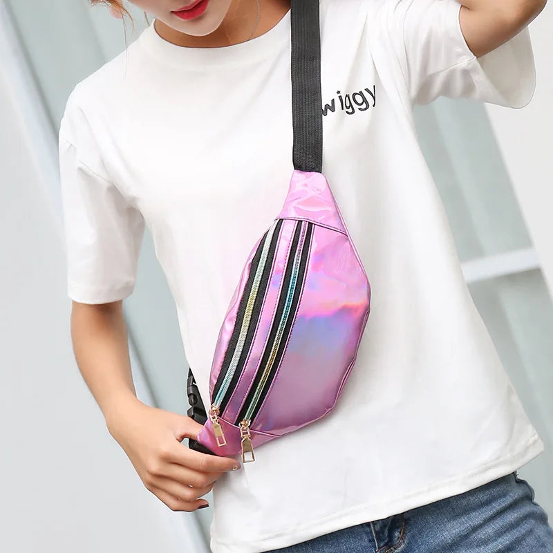 Ladies Laser Waist Bag Pu Multi-Function Color One Shoulder Sling Large Capacity Mobile Phone