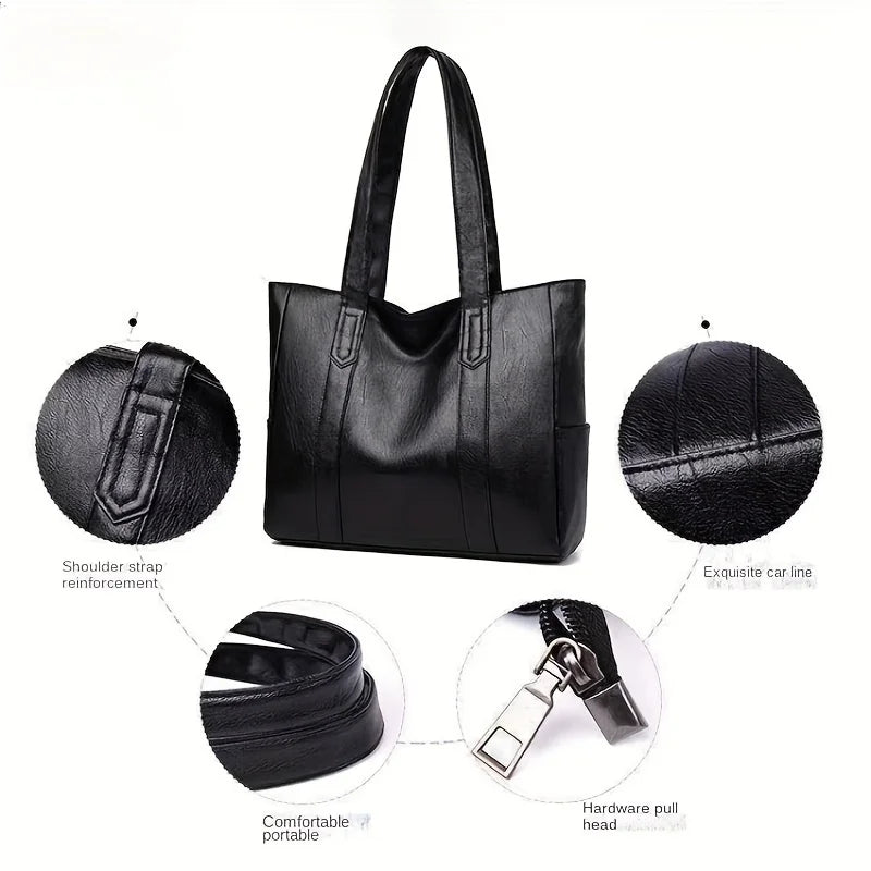 Large PU Leather Tote Bag with Zipper & Double Handles