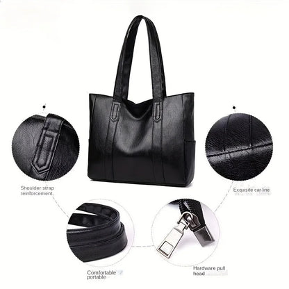 Large PU Leather Tote Bag with Zipper & Double Handles