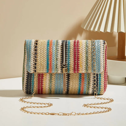 Rainbow Stripe Straw Crossbody Bag – Chain Strap & Tassel