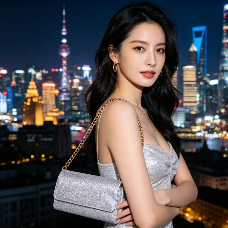 Full Rhinestone Gold Clutch Purse Detachable Thin Metal Chain Strap Flap Evening Handbag Cocktail