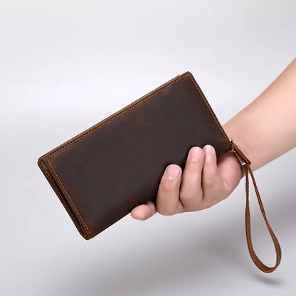 Men S Hand Purse Crazy Horse Leather Long Zipper Business Rope Large Capacity Grip Bag