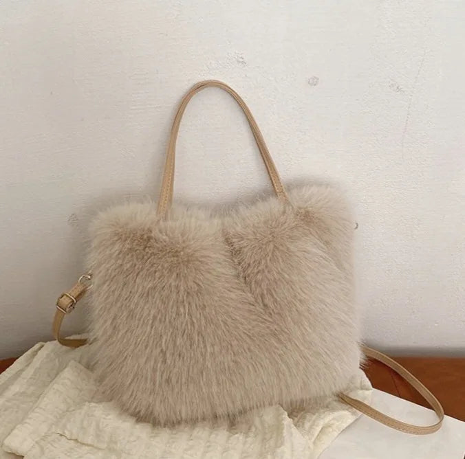 Faux Fur Handbag with Detachable Strap - Plush Tote Bag