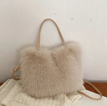 Faux Fur Handbag with Detachable Strap - Plush Tote Bag