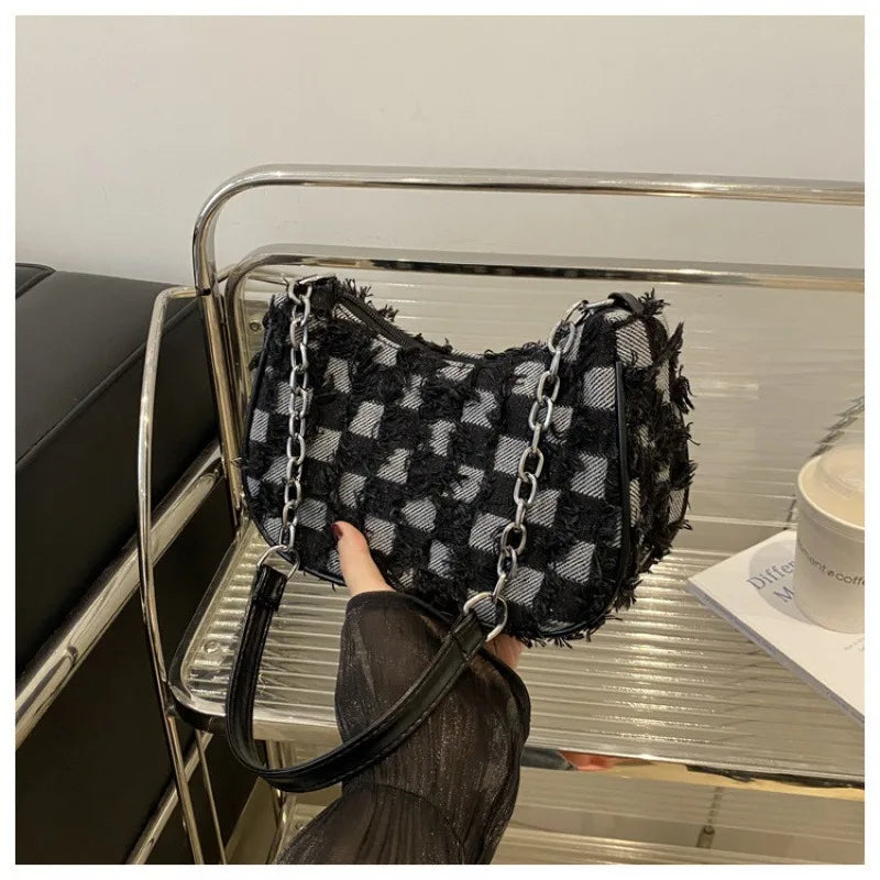 Checkered Denim Shoulder Bag – Y2K Chain Strap Hobo
