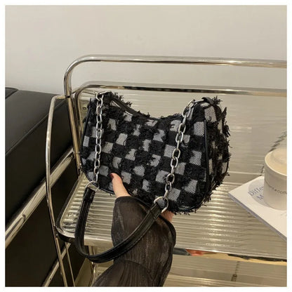 Checkered Denim Shoulder Bag – Y2K Chain Strap Hobo