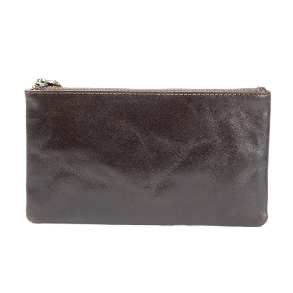 Unisex Genuine Leather Long Zipper Wallet Clutch Thin Top Layer Cowhide Oil Wax Leather Retro Wallet